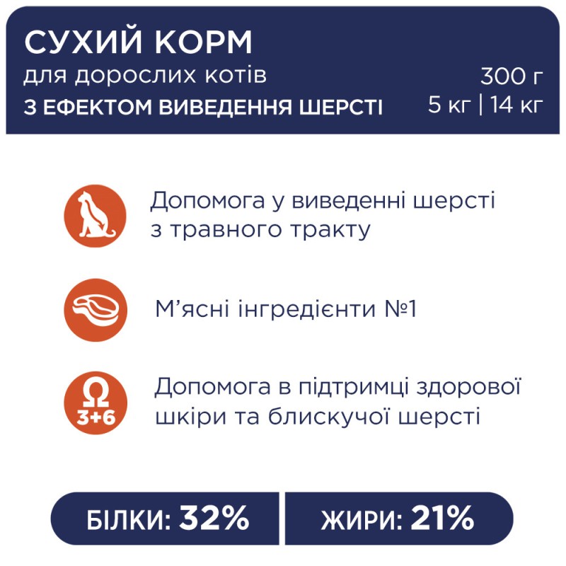 Клуб 4 Лапи Premium Hairball Control 14 кг сухий корм для котів з ефектом виведення вовни