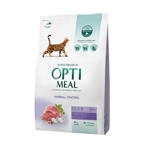 Optimeal Duck Hairball Control 4 кг сухий корм для виведення грудок вовни для котів з качкою