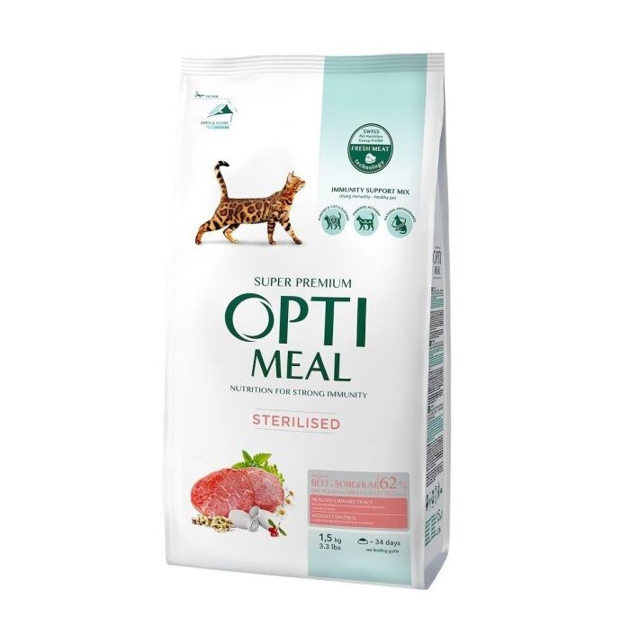 Optimeal Sterilised Beef Sorghum 1.5 кг сухий корм для стерилізованих кішок з яловичиною