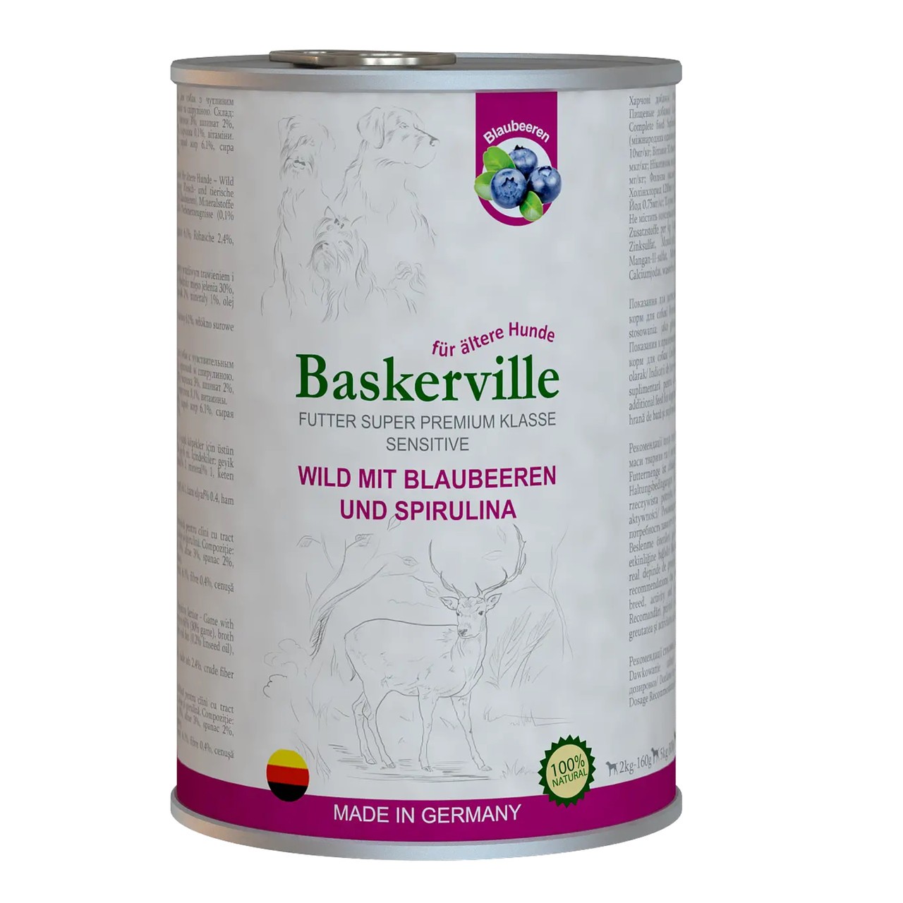 Baskerville Sensitive Wild Mit Blaubeeren Оленіна з чорницею та спіруліною для собак 800 г