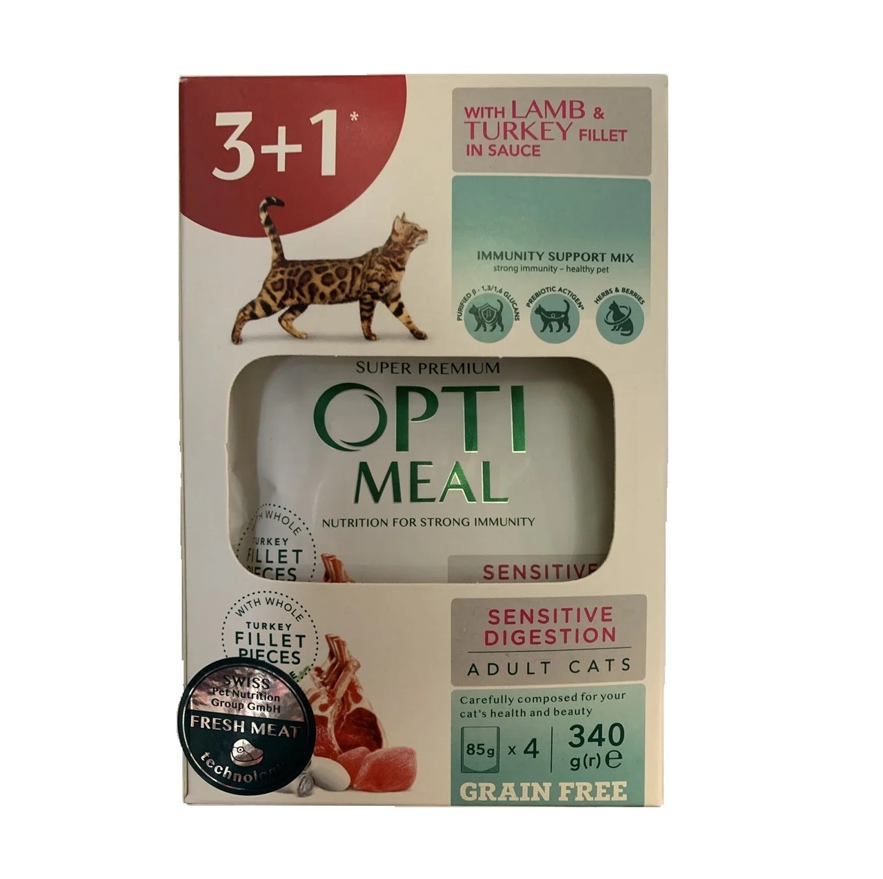 Optimeal Sensitive Digestion Lamb & Turkey для кошек с ягненком набор (3+1) 340 г