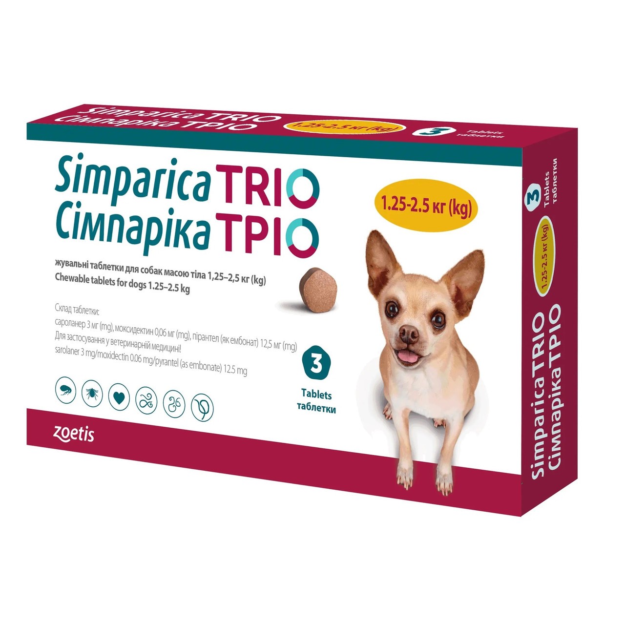 Симпарика Трио для собак от блох и клещей от 1,3-2,5 кг (1таб)